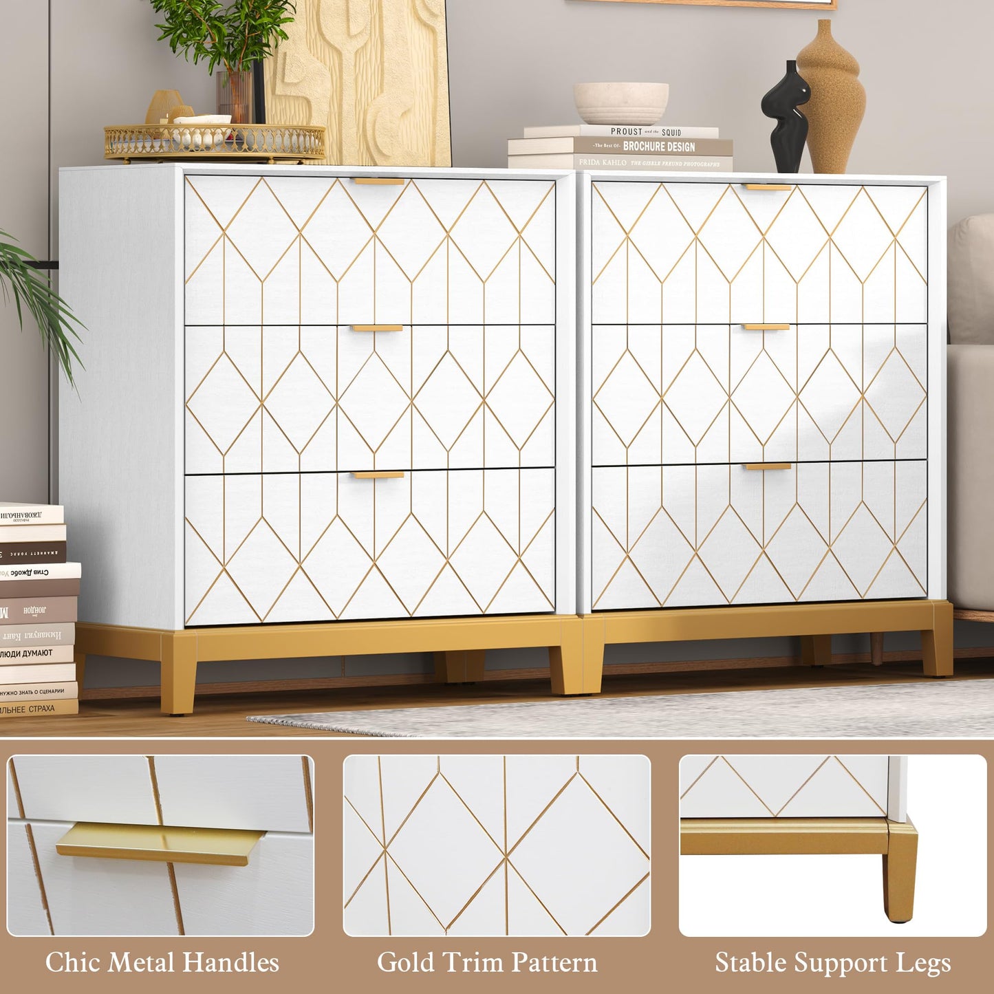 HLR 3 Drawer Dresser for Bedroom, Modern Wood Chest of Drawers with Gold Trim, Accent Dresser Storage Tower, White Organizer Cabinet for Closet, Living Room, Hallway, Entryway