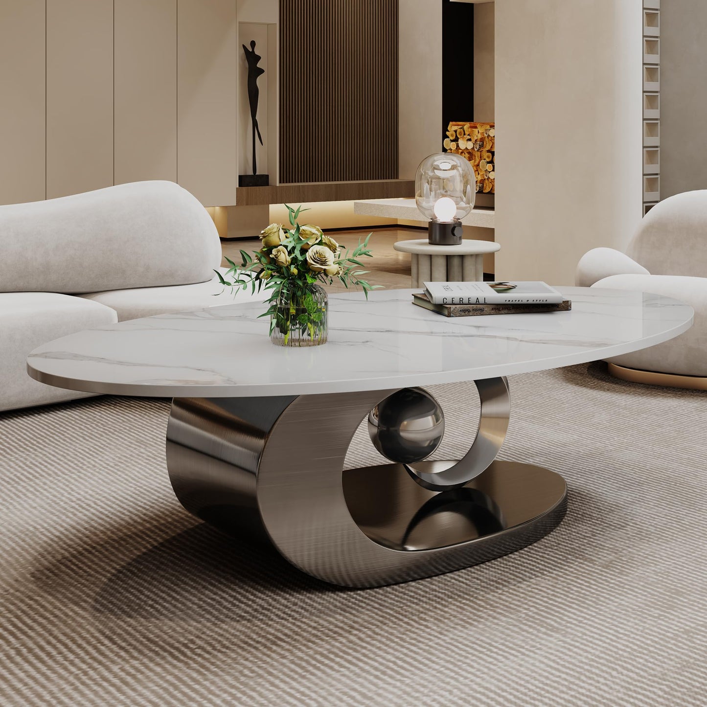 Mid Century Modern Coffee Table, 49.2" Large Oval Coffee Table w/White Faux Marble Tabletop & Silver Sculptural Stainless Steel Base, Minimalist Coffe Cocktail Center Table for Living Room Apartment