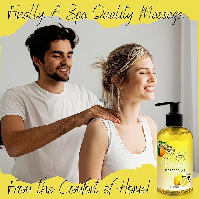 Renew Massage Oil with Orange, Lemon & Peppermint Essential Oils - Great for Massage Therapy or Home use. Ideal for Full Body – with Almond, Grapeseed & Jojoba – by Brookethorne Naturals
