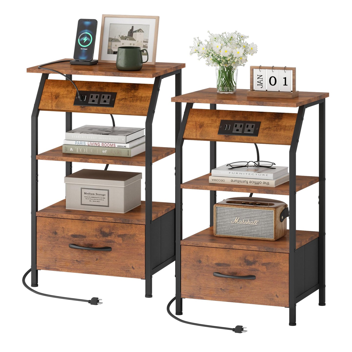 JAXPETY Nightstands Set of 2, Night Stand with Drawer Shelf and Charging Station, Storage End Table, Bedside Table for Bedroom Living Room Sofa, Rustic Brown