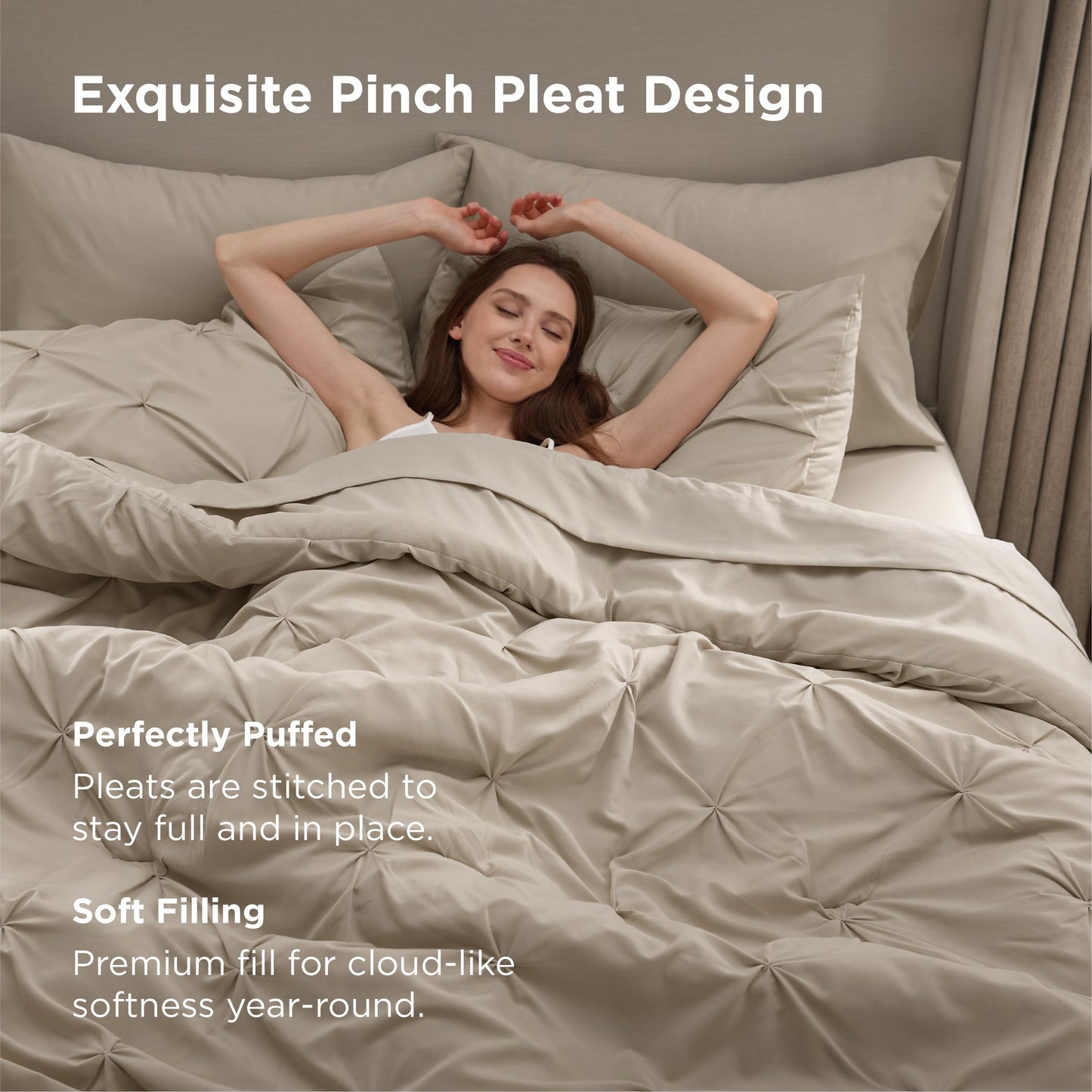 Bedsure Queen Comforter Set Beige - Bed in a Bag Queen Size 7 Pieces, GentleSoft™ Pintuck Bed Set Gift for Family, Pinch Pleat Beige Comforter with Sheets, Pillowcases & Shams