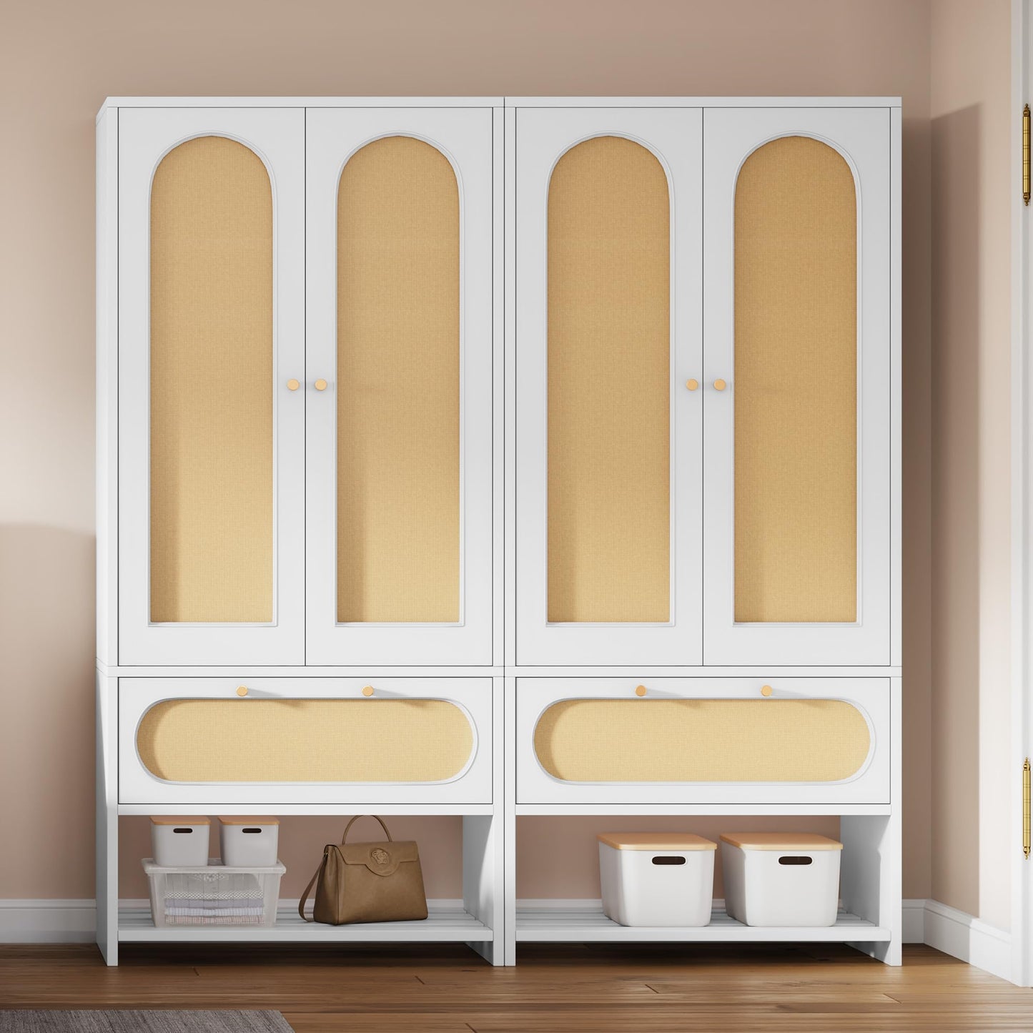 YITAHOME Rattan Wardrobe Closet Set of 2 70" Tall Rattan Armoire with Doors, Large Storage Cabinet with Drawers & Hanging Rod-White