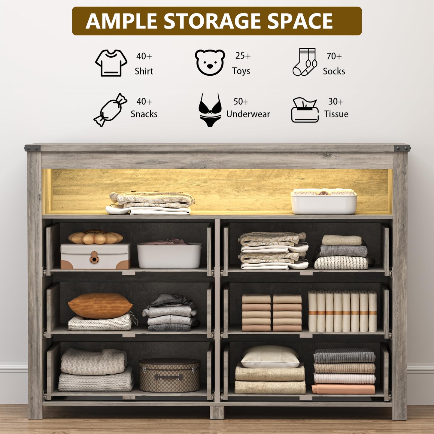 Dresser for Bedroom with 6 Drawers, Wide Chest of Drawers with LED Light and Power Outlet, Wooden Closet Organizer Clothes Storage Cabinet, Modern Double Dressers for Living Room, Hallway, Grey