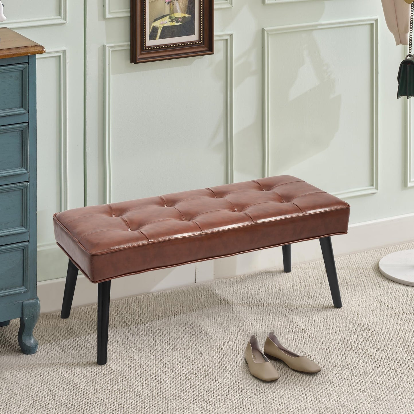 LOULENS 40'' PU Leather Tufted Ottoman Bench, Modern Upholstered End of Bed Bench, Waterproof Leather Entryway Bench with Wood Legs, Accent Footrest for Living Room, Brown
