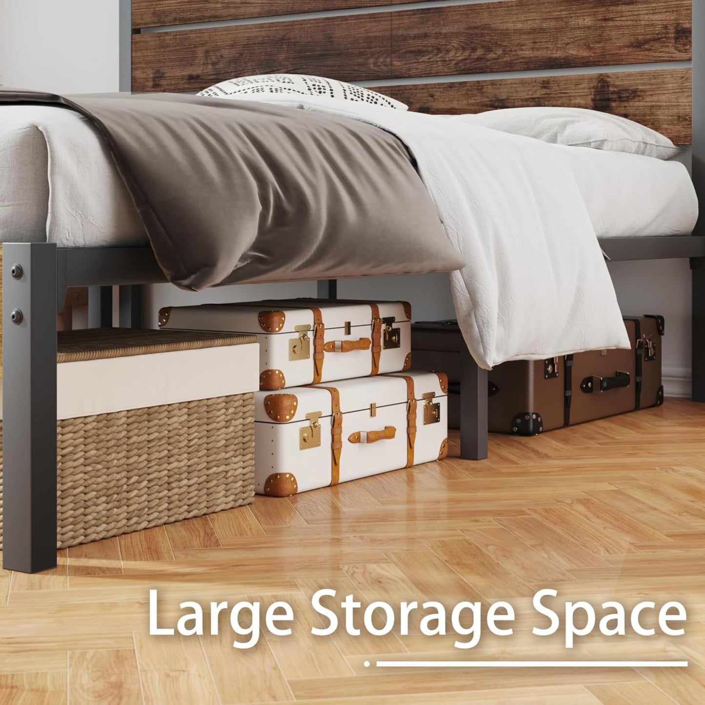 Fluest Queen Bed Frame with Headboard and Footboard, with Under Bed Storage, All-Metal Support System, No Box Spring Needed, Easy Assembly,Rustic Brown
