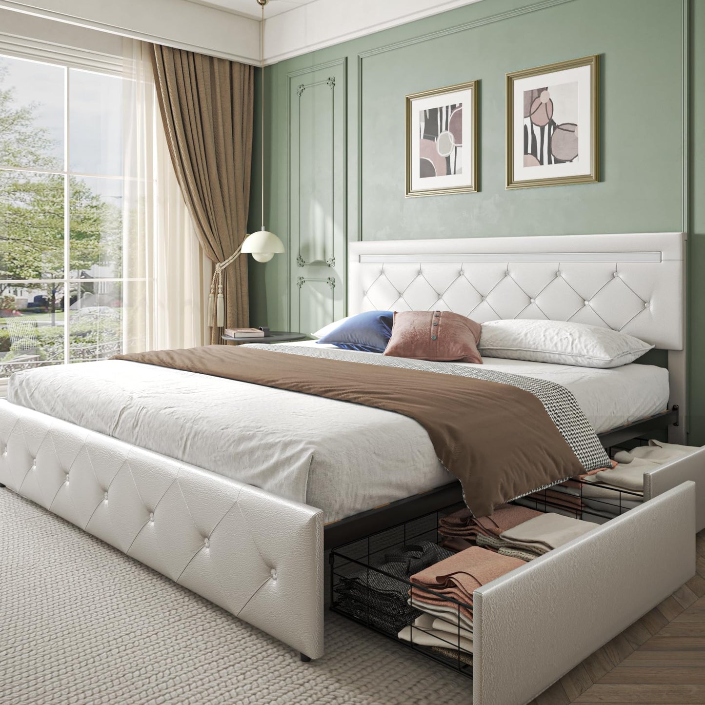 Forrise Bed Frame Full Size with LED Light and Storage Drawers, Adjustable Headboard with PU Leather Upholstered, 2 Sockets and 2 USB Ports, No Box Spring Needed,Wooden Slats Support, White.