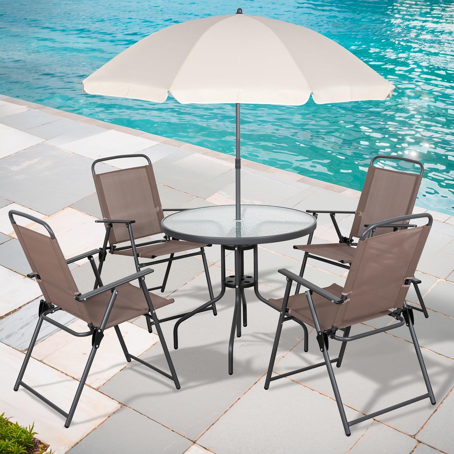 Shintenchi 6 Piece Patio Dining Set with Umbrella, Outdoor Furniture Set with 4 Folding Chairs and Tempered Glass Top Dining Table fot Lawn Backyard Garden Porch Brown and Beige