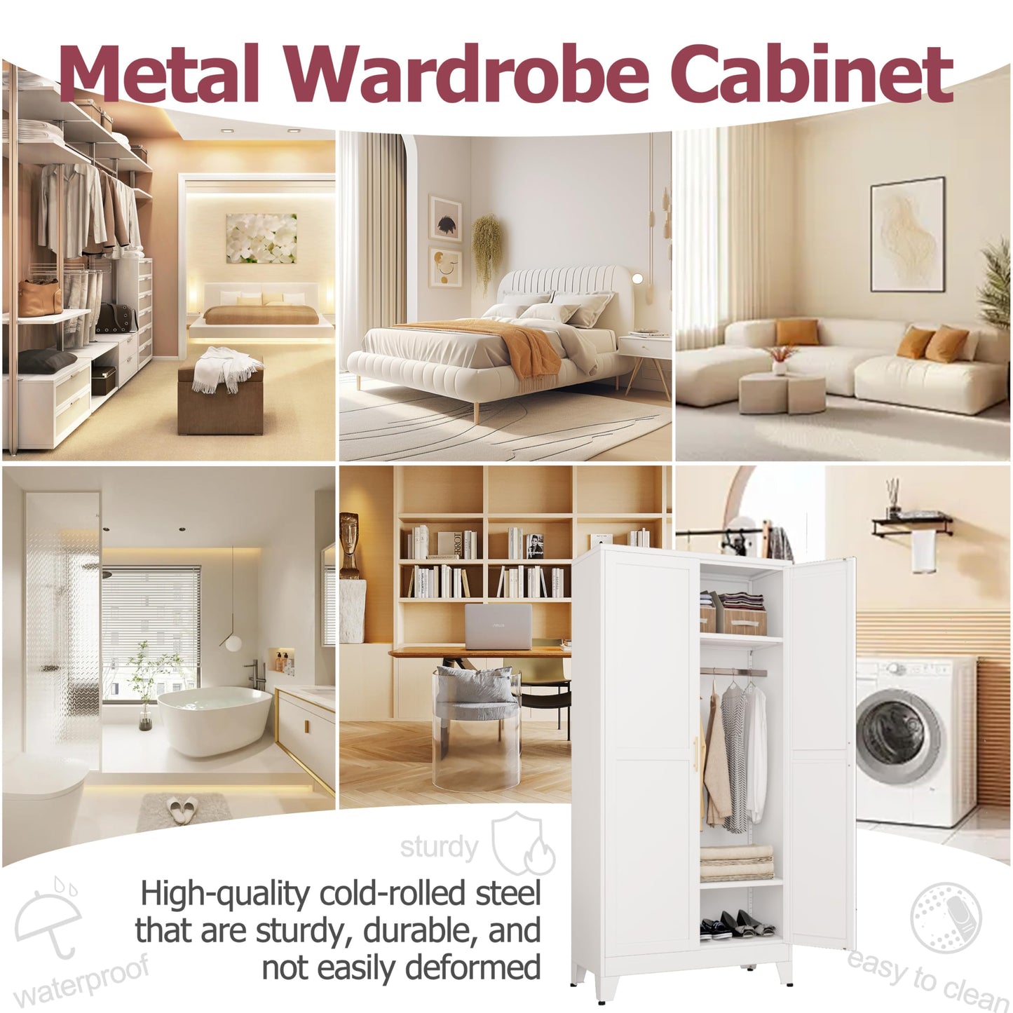 GAIOUS Metal Wardrobe Cabinet with Hanging Rod, 71" Metal Clothing Storage Cabinets with 2 Doors and Adjustable Shelves, White Armoire Wardrobe Closet for Bedroom, Laundry Room, Cloak Room