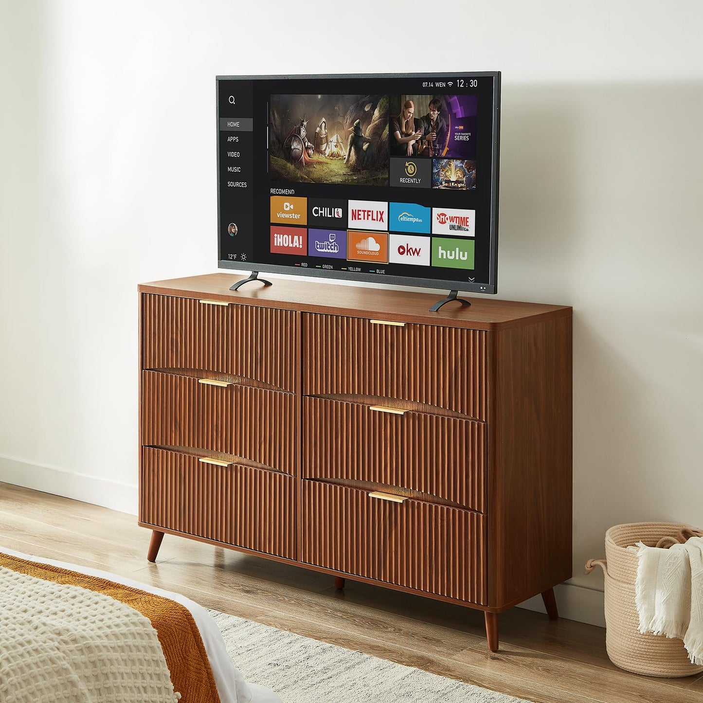 Evermagin 55" Wide Fluted 6 Drawer Dresser, Mid Century Modern Curved Dresser, Light Wood Chest of Drawers for Bedroom, Living Room and Entryway, Walnut