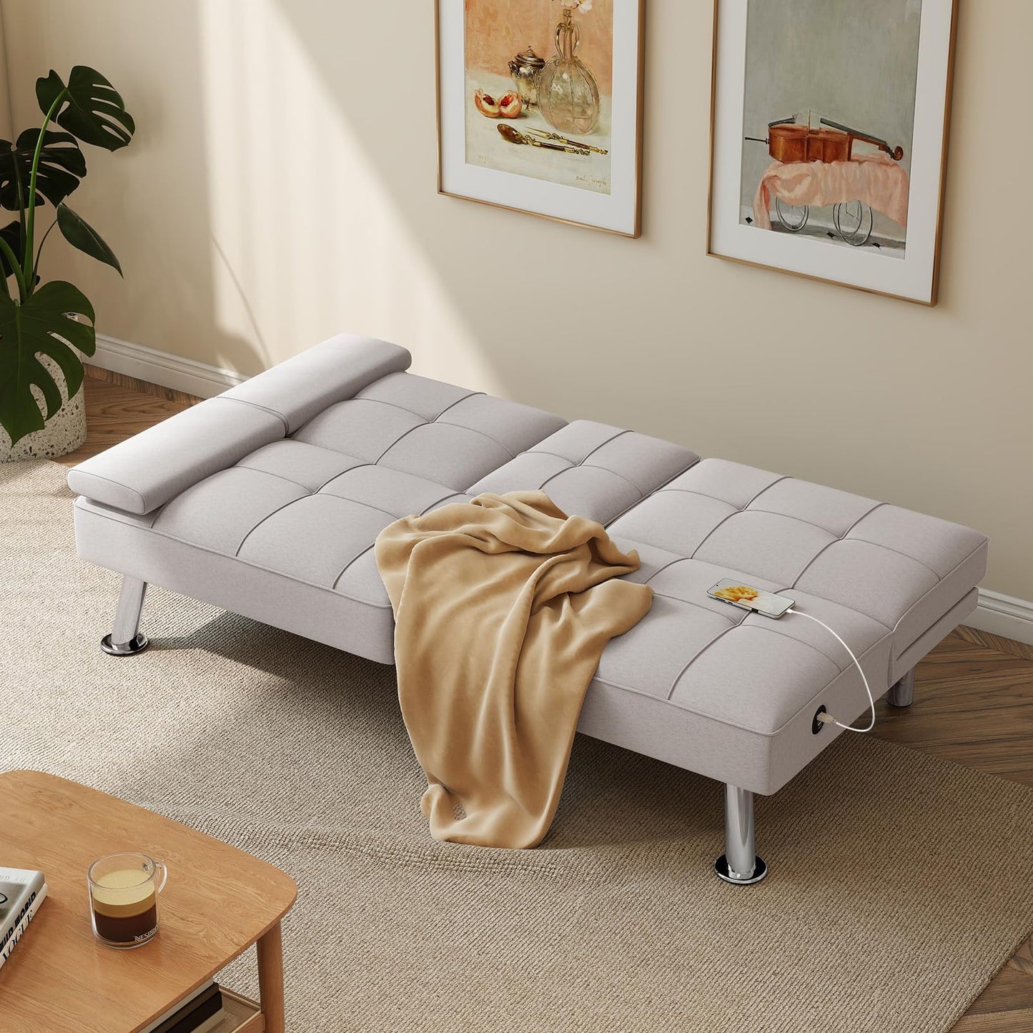 HAOMARKETS Convertible Futon Sofa Bed with USB Charging Port, Modern Linen Loveseat with Removable Armrests and 2 Cup Holders, Adjustable Folding Sleeper Couch for Small Spaces, Living Room, White