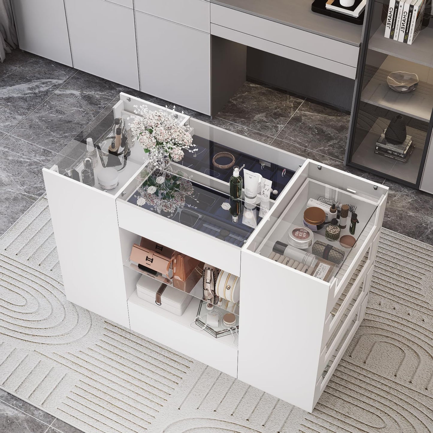 LIVAUVEAD Closet Island with Drawers, Wardrobe Armoire Bedroom Island, Glass Display Shelf & 12 Drawers, White Dresser with Glass Top, Walk-in Closet Island for Bedroom, Cloakroom