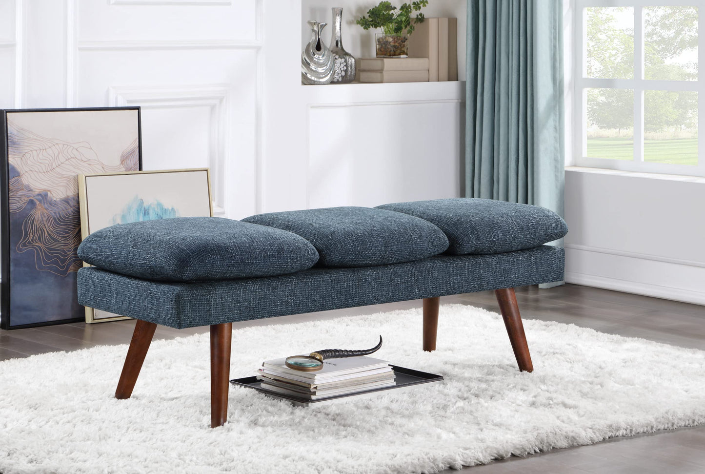 OSP Home Furnishings Amanda Mid-Century Modern Upholstered Bench with Solid Wood Tapered Legs, 54-inches, Navy Blue Fabric