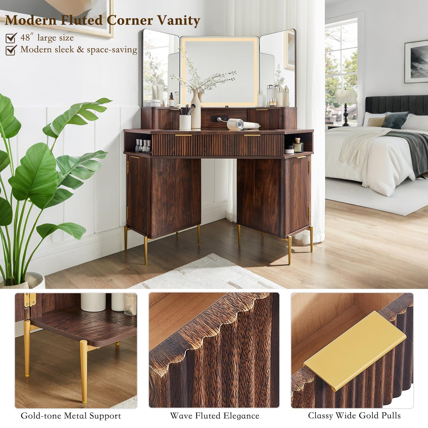 T4TREAM 48" Fluted Makeup Vanity Desk with HD Triple Mirror and Lights, Large Lighted Corner Vanity with Glass Top, Modern Dressing Table with 3 Drawers & 2 Cabinets for Bedroom, Walnut