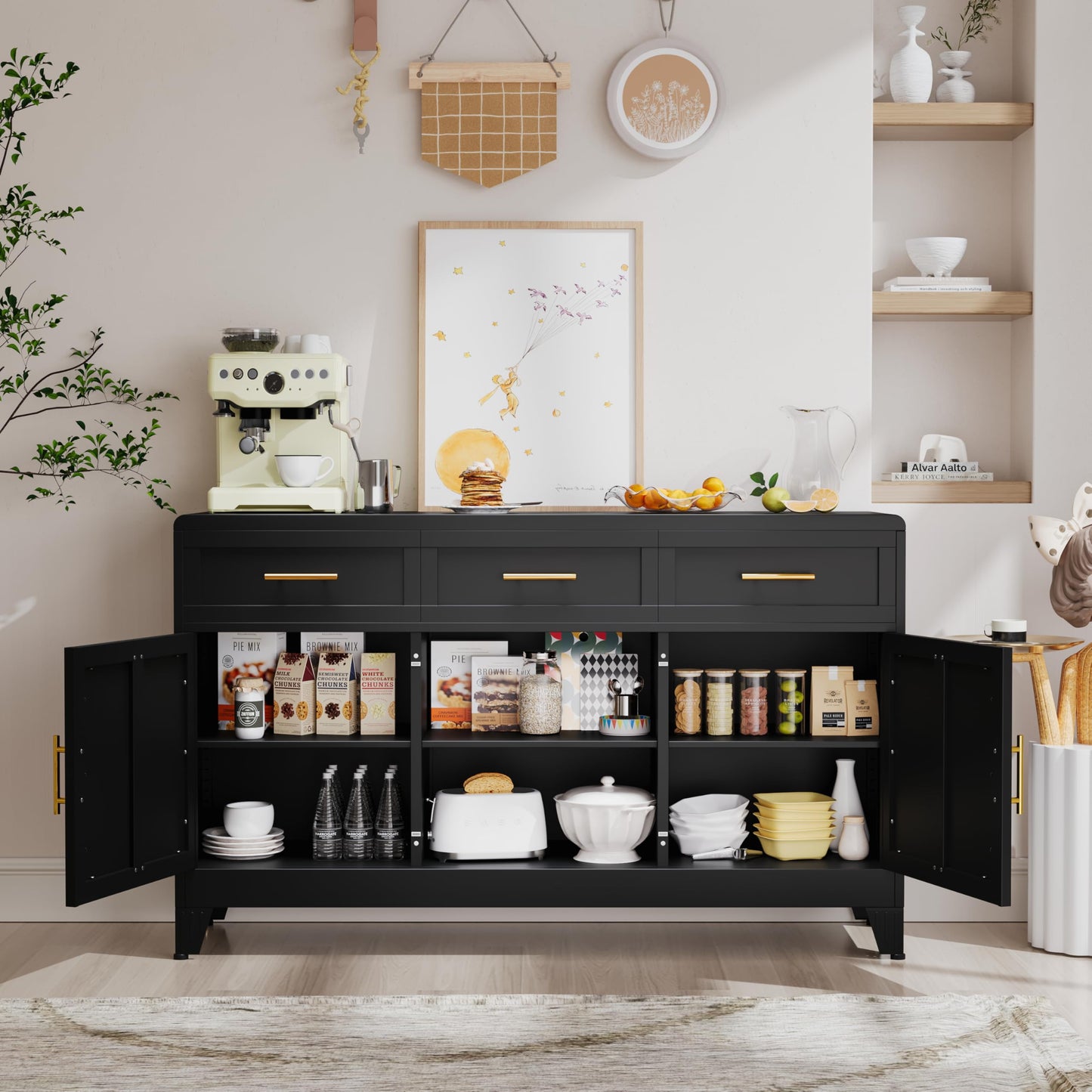 AUEYTVR Metal Sideboard Buffet Cabinet,Coffee Bar Cabinets with 2 Doors, 3 Drawers and an Open Storage Space,Buffet Table Wine Bar Cabinet for Dining Room, Living Room