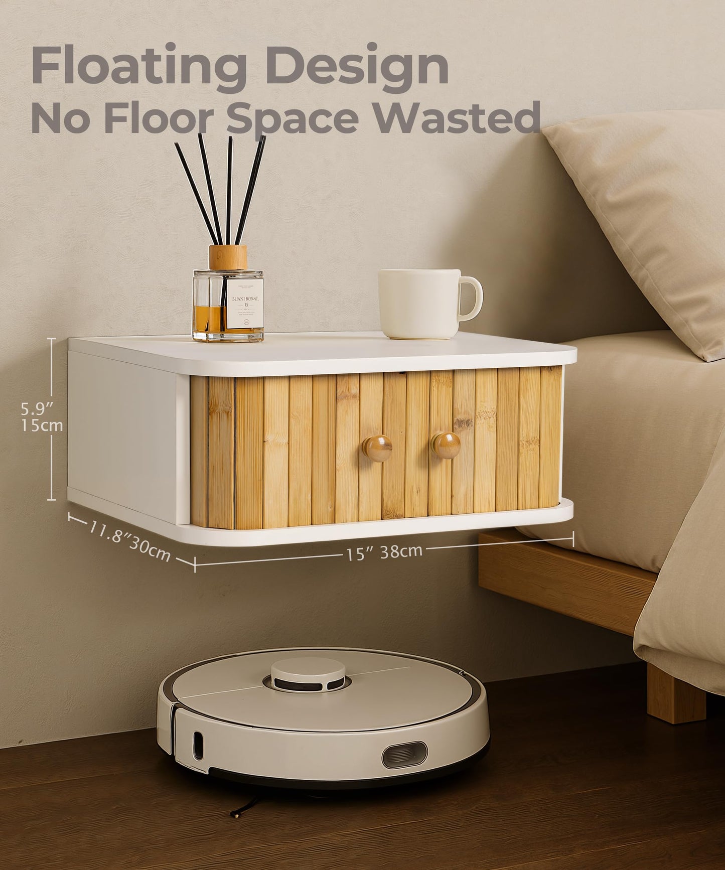 SUMGAR Floating Nightstand White Bedside Table Modern Boho Organiser Small Spaces Wall Mounted Shelf Storage with Drawers Wood Bamboo Natural Hanging Furniture for Bedroom Home Decor