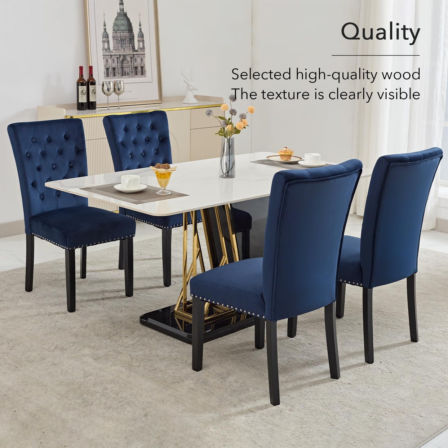 adochr Velvet Dining Chair Set of 2, Parsons Upholstered Dining Room Chair, Wood Accent Chair with Nailed Trim, Blue