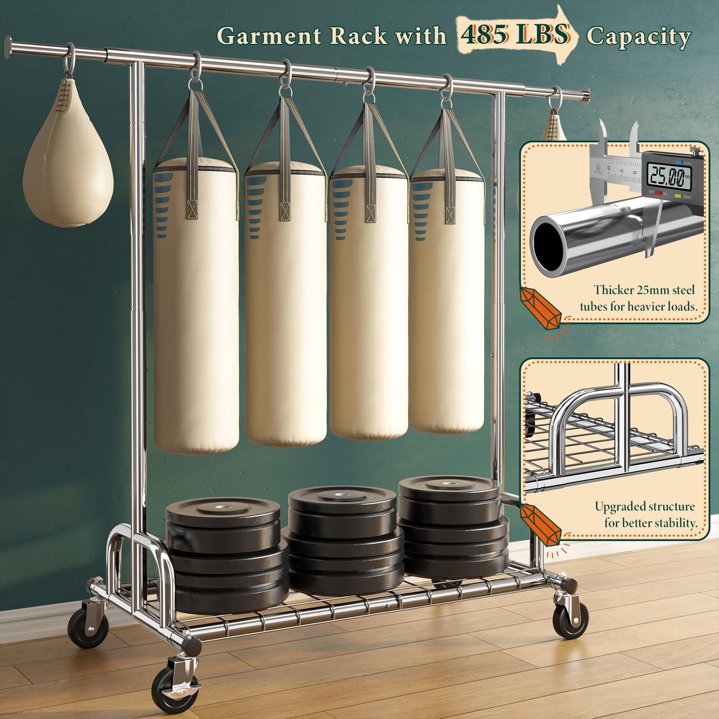 Raybee Clothes Rack, Clothing Rack Load 485 LBS, Heavy Duty Clothes Rack, Rolling Clothes Racks for Hanging Clothes, Metal Garment Rack with Sturdy Wheels