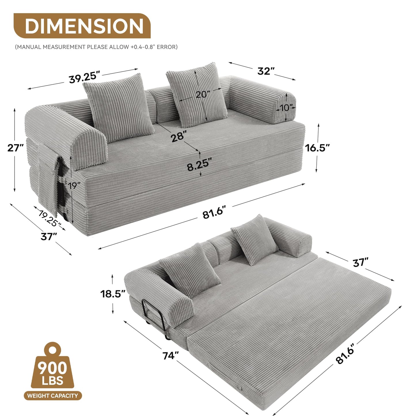 Luxanimarion Convertible Coarser Corduroy Sleeper Sofa Bed with Cylindrical Pillow, Folding Mattress Couch with Fixed-Shape Frame, Floor Sofa Lounge Couch for Living Room Bedroom Lounge Studio, Grey