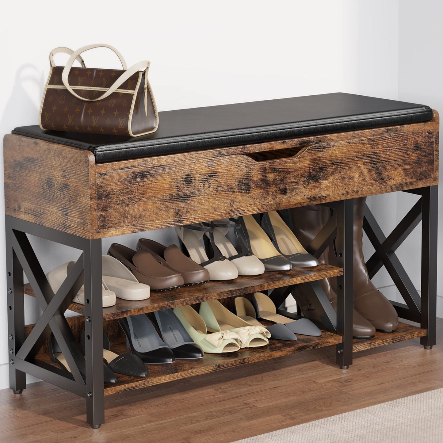 astimey Shoe Bench, Lift Top Shoe Storage Bench, Adjustable Shelf Entryway Bench, Metal and Wood Shoe Rack Organizer with Cushion for Entry, Bedroom, Closet, Living Room, Hallway (Brown, 35.5“W)