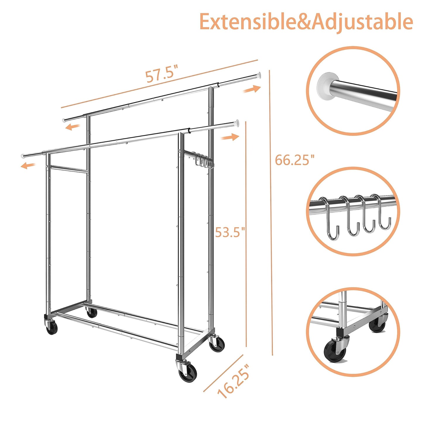 Simple Trending Double Rod Clothing Garment Rack, Rolling Clothes Organizer on Wheels for Hanging Clothes,with 4 hooks, Chrome