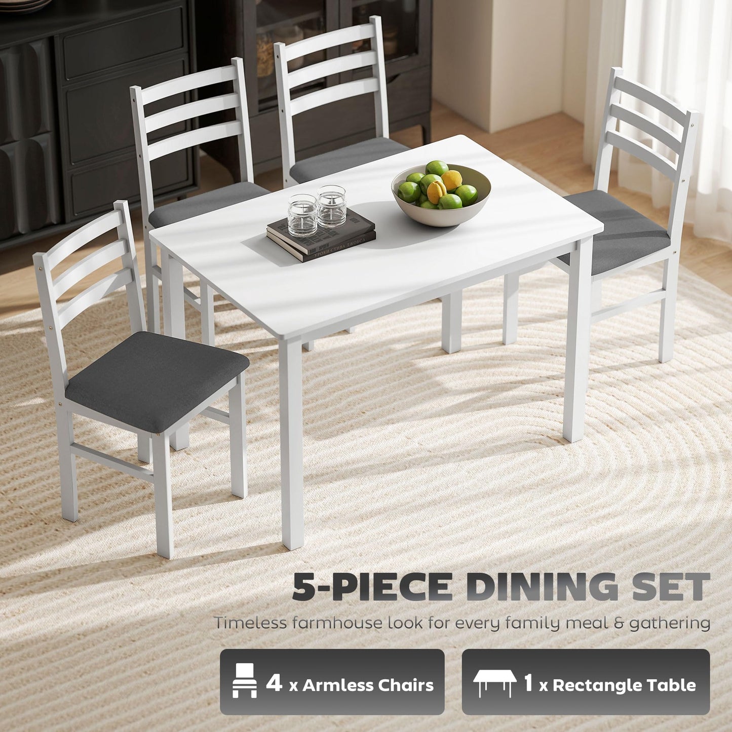 HOMCOM 5-Piece Dining Table Set for 4, Farmhouse Kitchen Table Set with 4 Upholstered Padded Chairs, Solid Wood Legs and Backrest for Small Space, Dining Room, Breakfast Nook, White