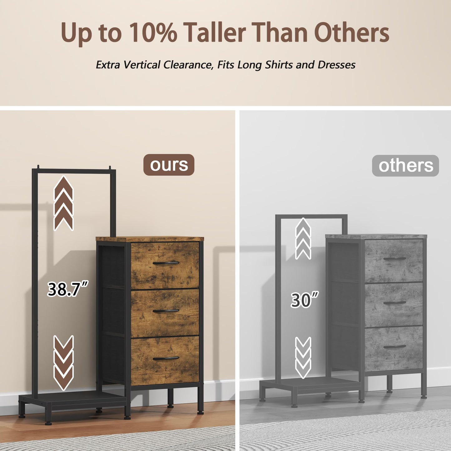 AFLUI Dresser for Bedroom with Hanging Rack, 3 Drawers Dresser for Bedroom - Rustic Brown