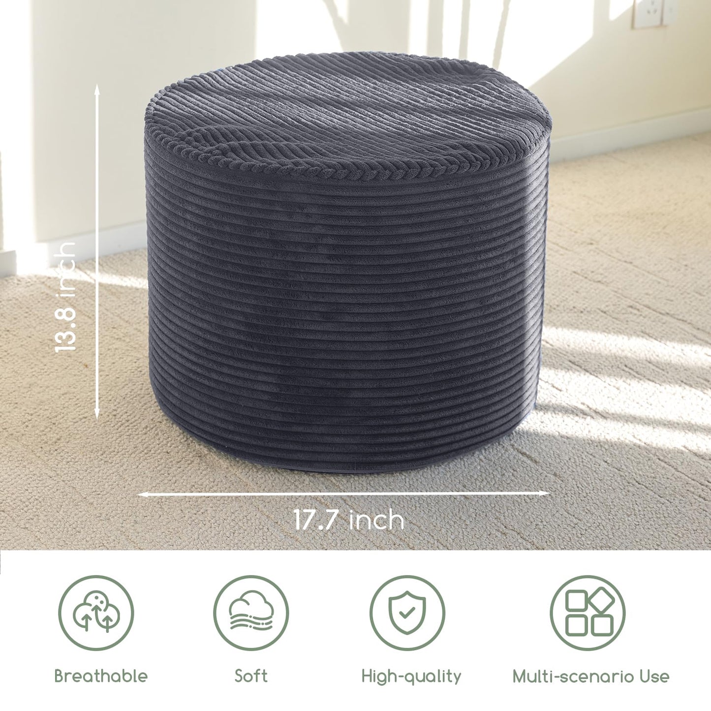 HIGOGOGO Round Stuffed Pouf Ottoman, Corduroy Poufs with High-Density Foam Filling, Furry and Fluffy Pouf Foot Stool Storage Ottoman, 17.7 x 13.8 Floor Poufs Foot Rest for Living Room，Dark Grey