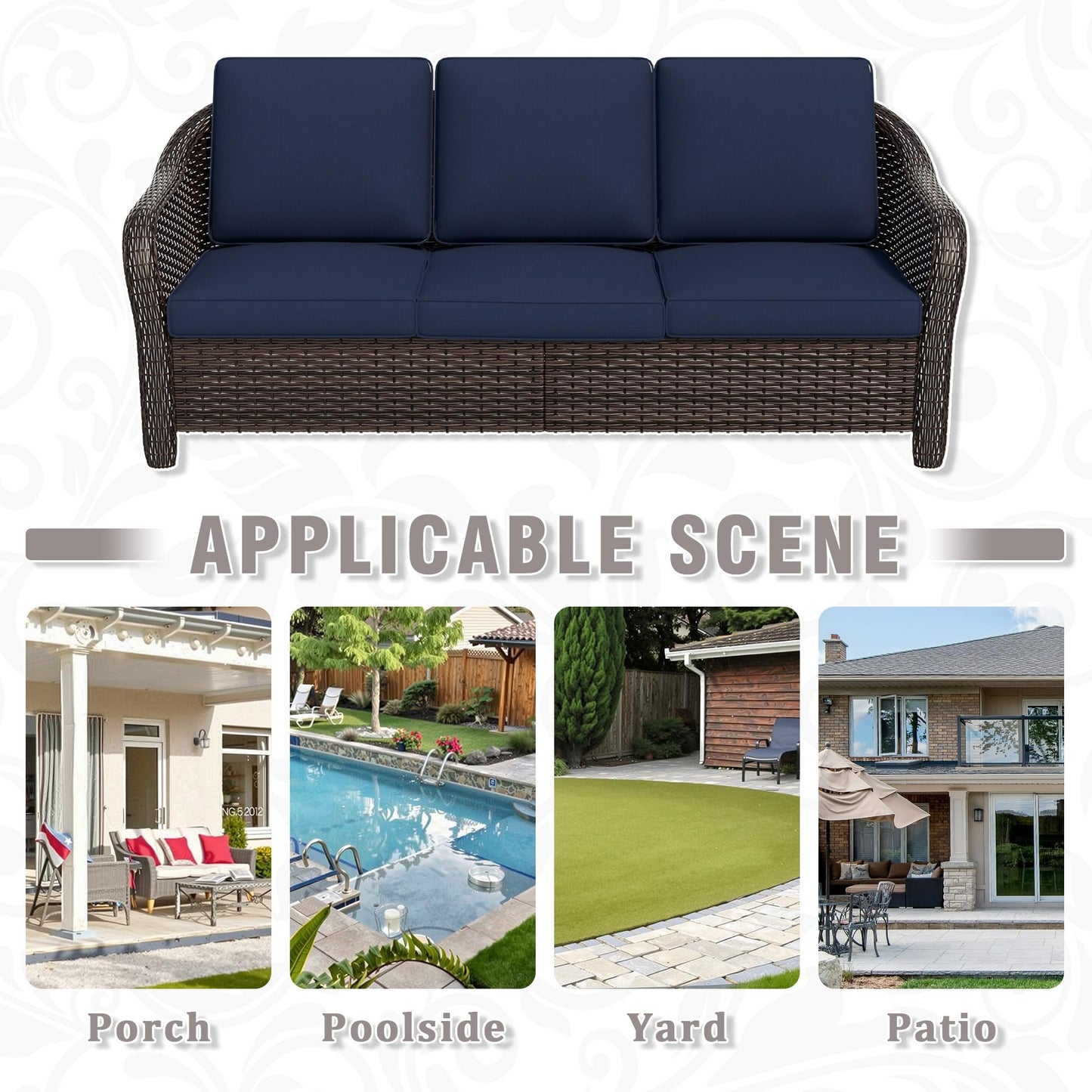 Qsoer 77 inch Outdoor Wicker 3 Seater Sofa, All-Weather Use Patio Rattan Sofa with Seat and Back Cushion, Ideal for Porch, Backyard, Balcony, Poolside, Blue