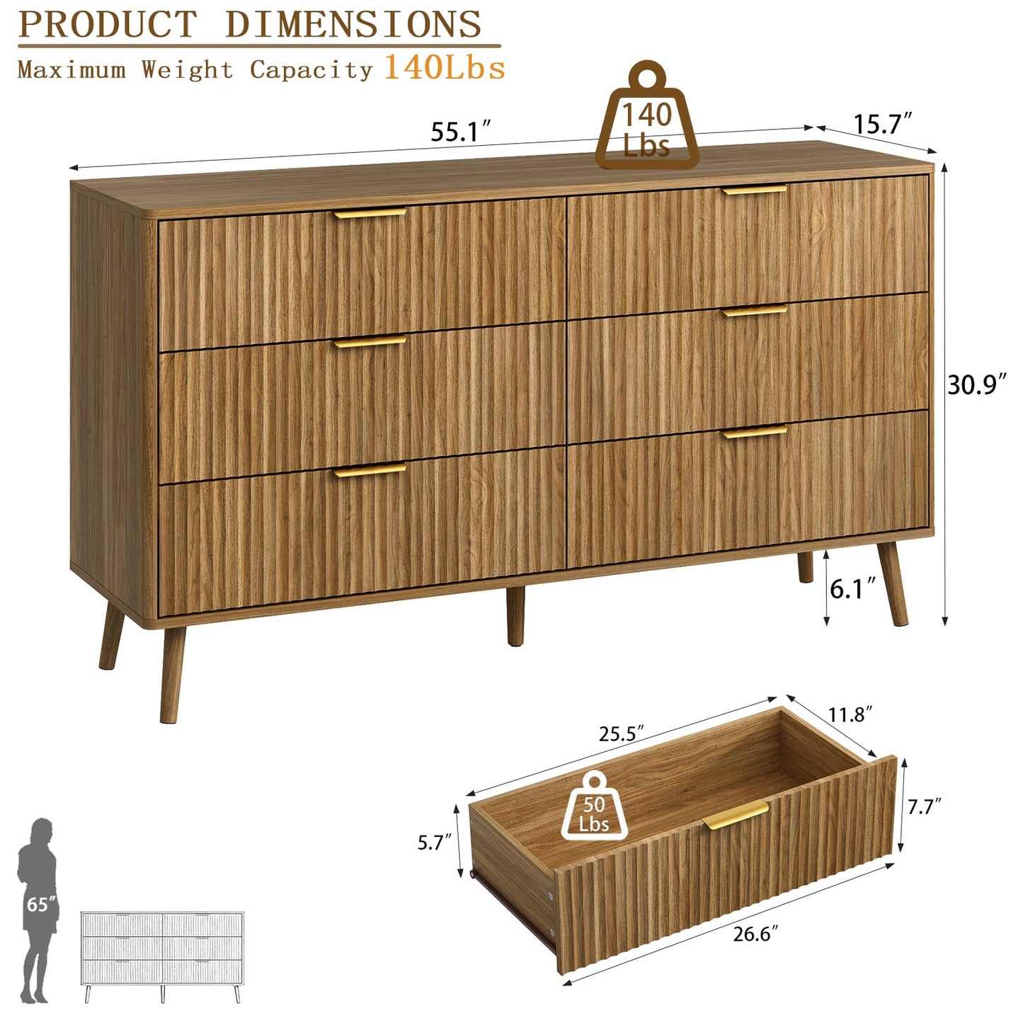 CARPETNAL Fluted 6 Double Drawers Dresser for Bedroom, 55”Wide Modern Chest of Drawers with Deep Drawers,Curved Profile Design, Wood Drawer Organizer for Bedroom Living Room, Hallway, Natural Oak