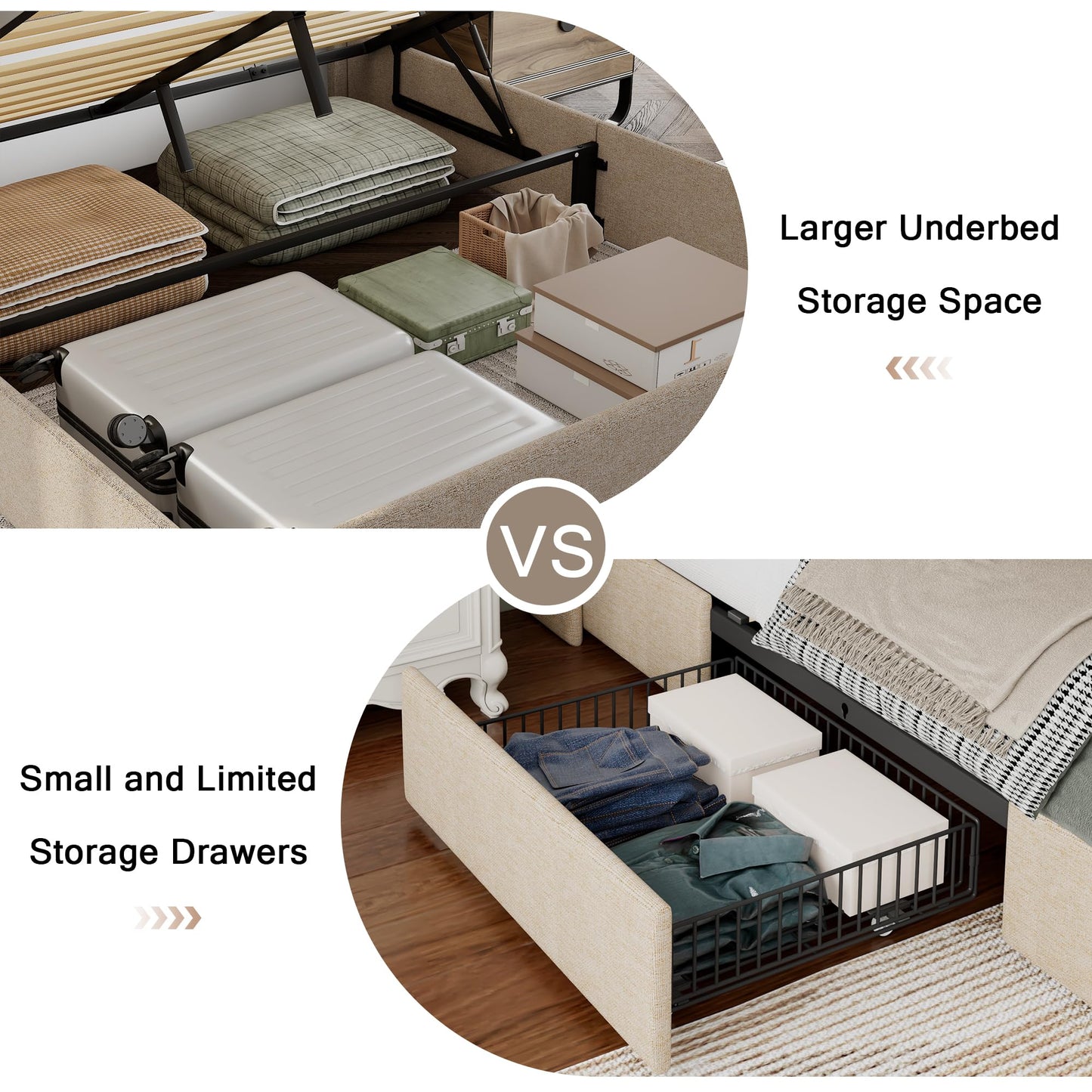 Einhomn Full Lift Up Storage Bed Frame with Charging Station, Upholstered Bed Frame with Storage, No Box Spring Needed, Noise-Free, Hydraulic Storage, Easy Assembly, Beige