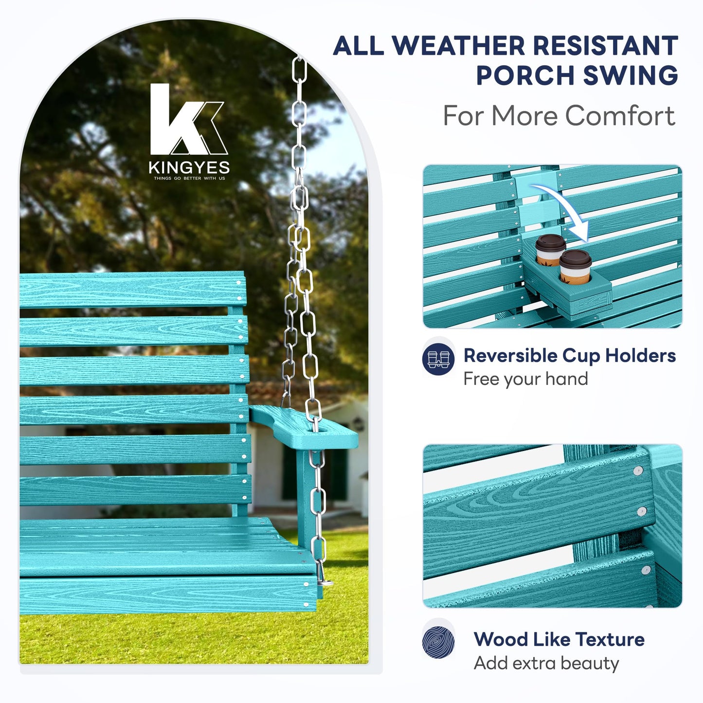 KINGYES Outdoor Hanging Porch Swing, 2 Seat Patio Swing Chair with Cup Holders, Waterproof Swing Chair Bench for Courtyard & Garden, 660LBS Weight Capacity, Aruba Blue