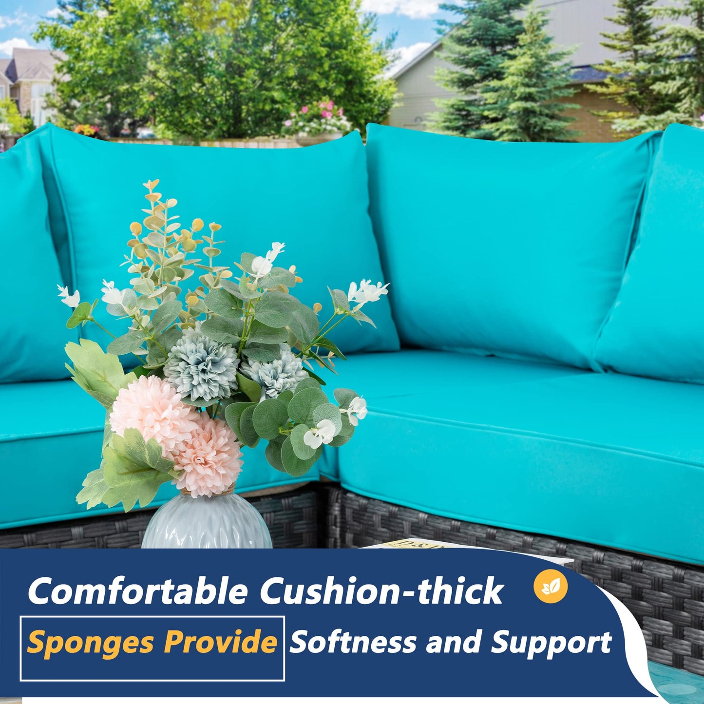 JAMFLY Wicker Patio Furniture 7 Pieces Conversation Sets, Outdoor Rattan Patio Sofa Porch Furniture Set with Washable Cushions and Glass Coffee Table (Light Blue)