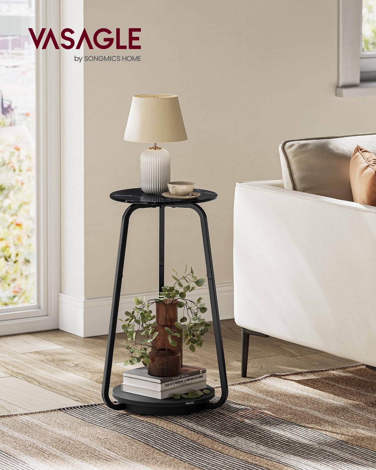 VASAGLE Round Side Table, 2-Tier Nightstand, End Table with Glass Top and Particleboard Shelf, Cocktail Table, for Living Room, Bedroom, Small Spaces, Modern Style, Marble Black ULET287B58