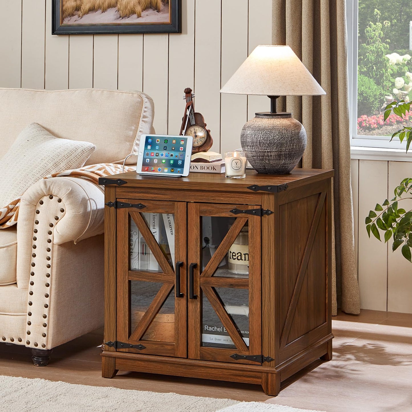 Joaxswe Farmhouse End Table with Charging Station Set 2, 24" Large Sofa Side Table with Glass Barn Door, Nightstand with Adjustable Storage Shelf,Wood Square Bedside Table for Living Room,Bedroom