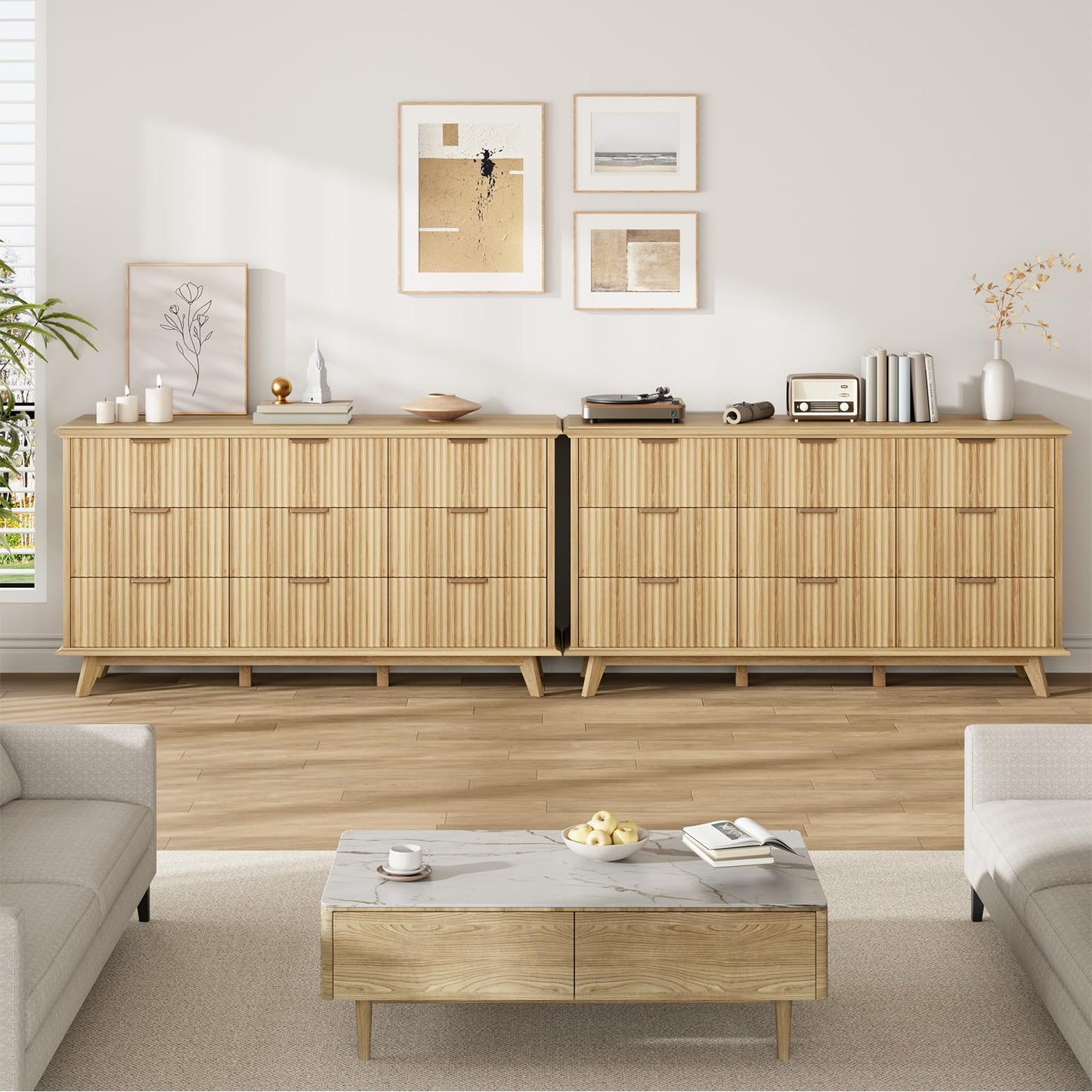 QUW Fluted 9 Drawers Dresser, 59.1" Wide Modern Chest of Drawers with Metal Handle, Large Dresser TV Stand, Wood Drawer Organizer for Bedroom, Living Room, Hallway, Dormitory, Natural Oak