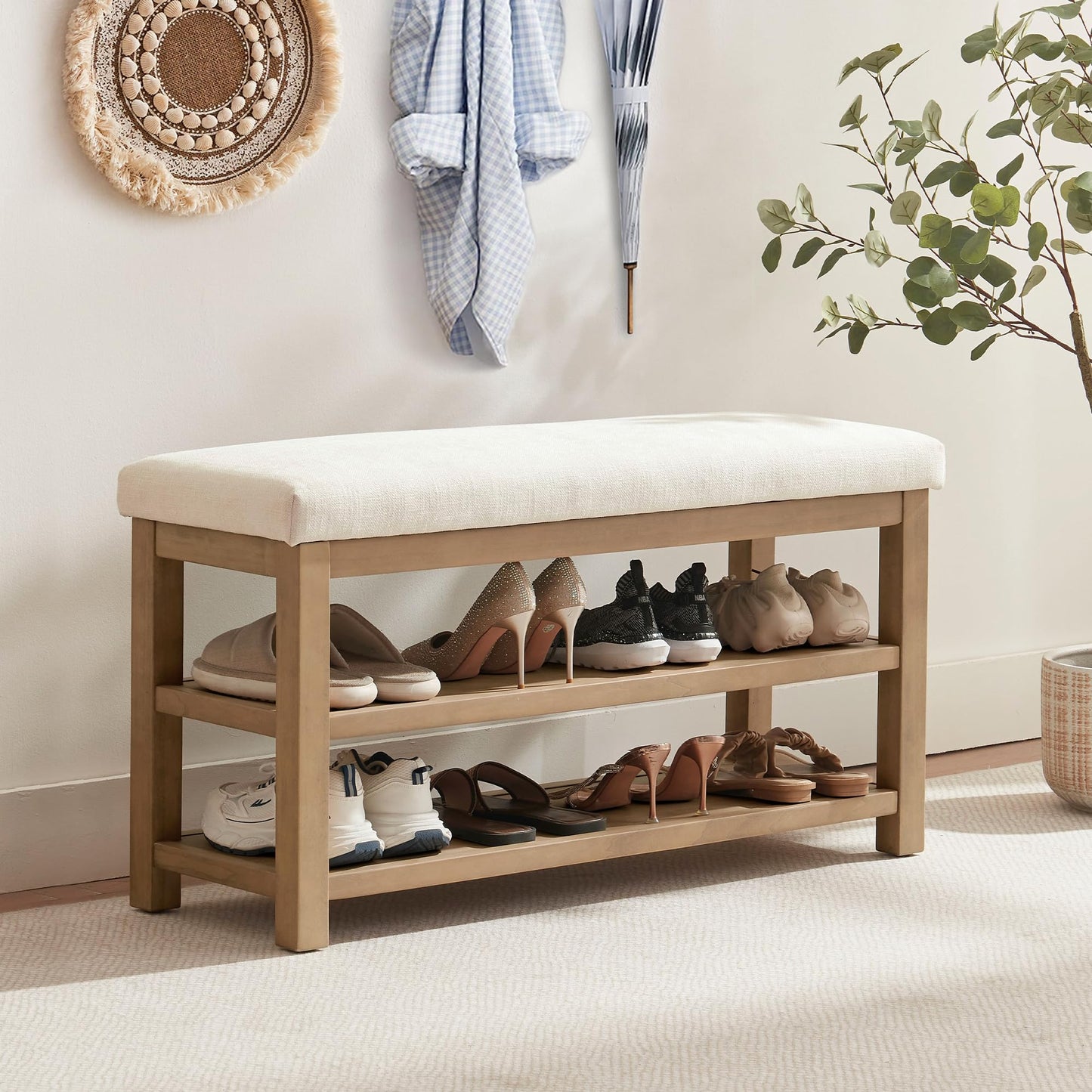 Zihanhome 2 Tier Shoe Rack Bench with Cushion, Solid Wood Shoe Benches, Mid-Century Modern Shoe Storage Bench for Entryway, Hallway, Living Room, Closet, Front Door Entrance, (Beige, 39.4")