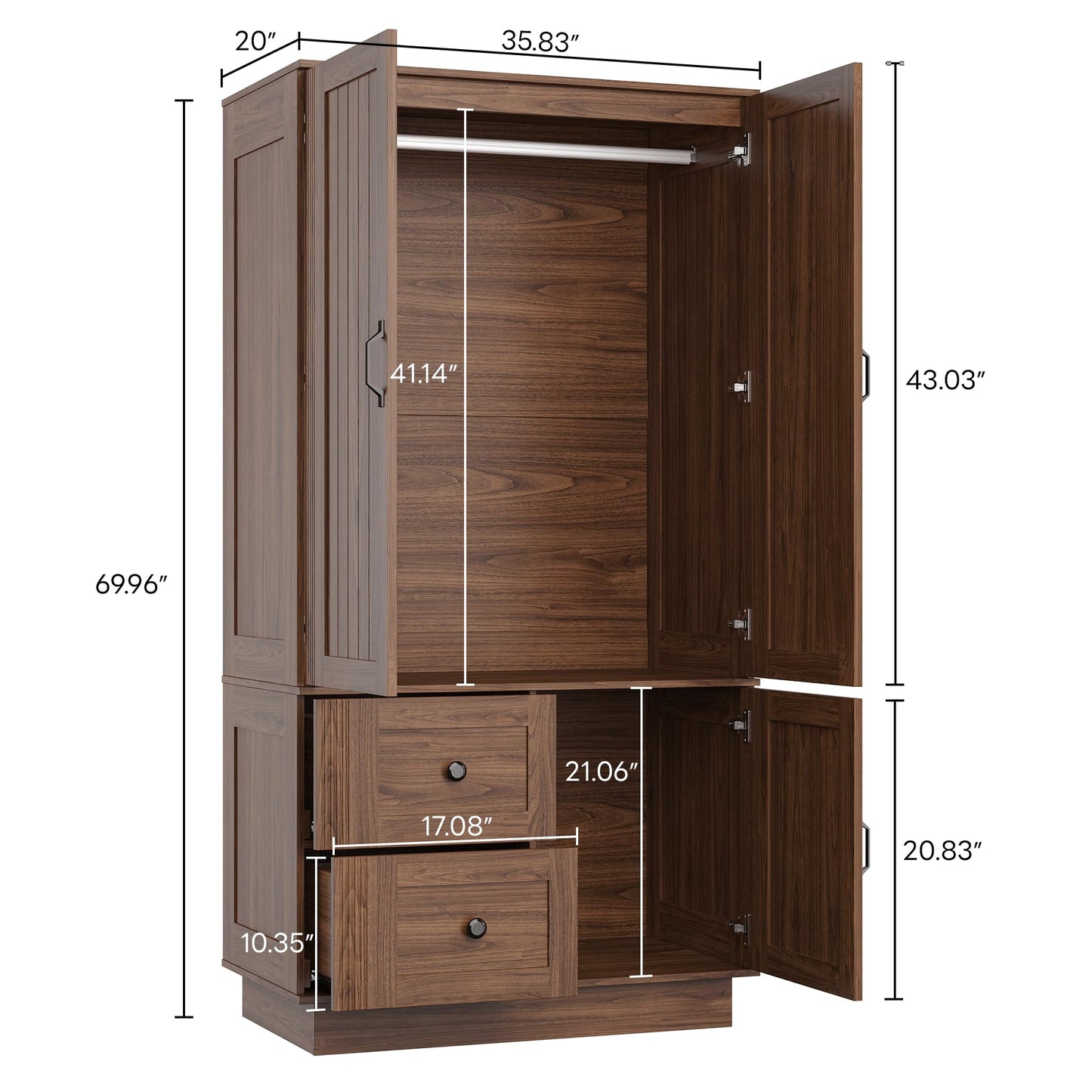 LIKIMIO Farmhouse Wardrobe Closet with Doors, 70" Bedroom Armoires with LED Lights and Hanging Rod, Wooden Large Wardrobe Cabinet with 2 Drawers and 1 Cabinet, Walnut