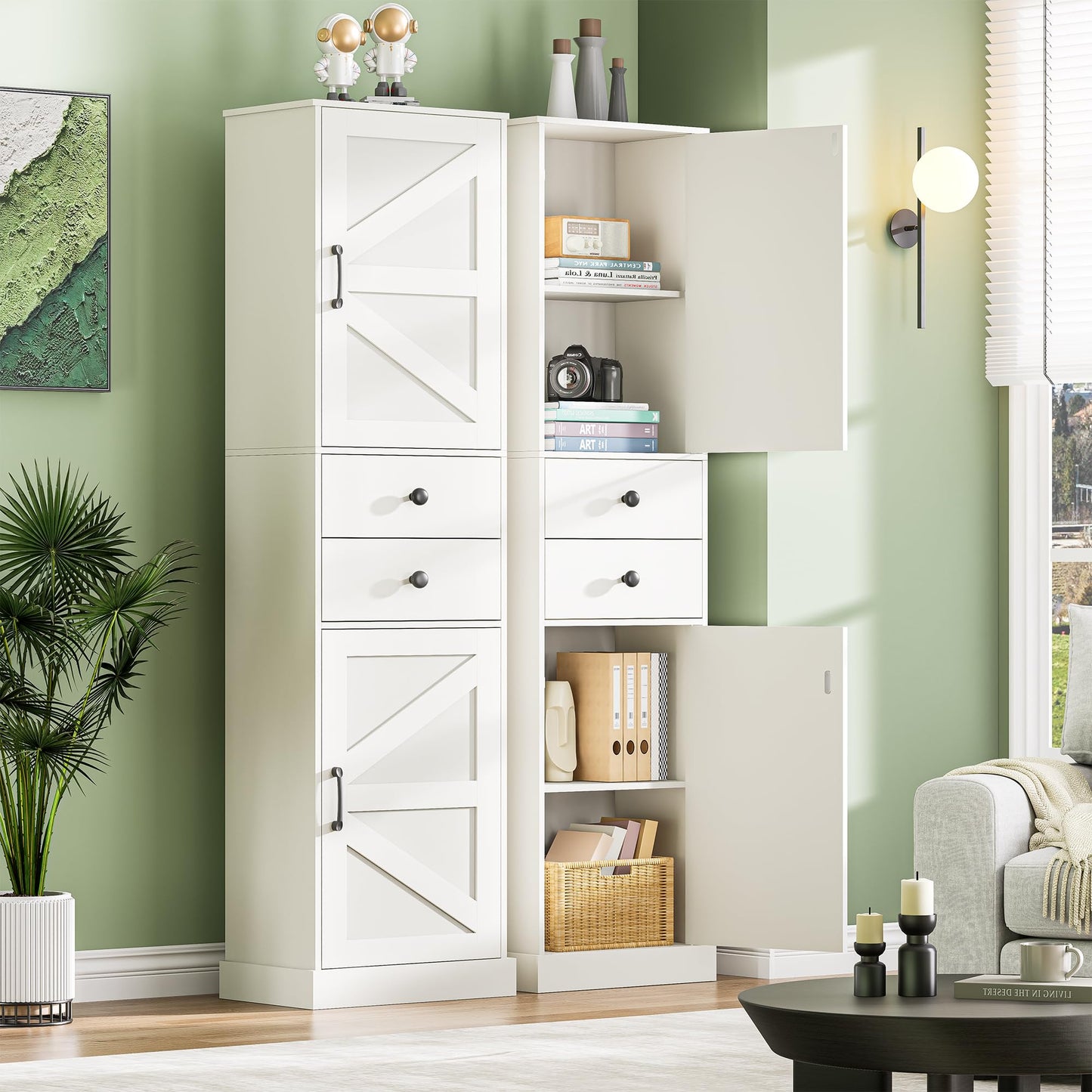 DDONGMM Tall Bathroom Storage Cabinet with 2 Drawers, Farmhouse Narrow Storage Unit with 2 Doors and Adjustable Shelves, 67" Tall Cabinet for Bathroom, Kitchen, Home Office (White, 1 Piece)