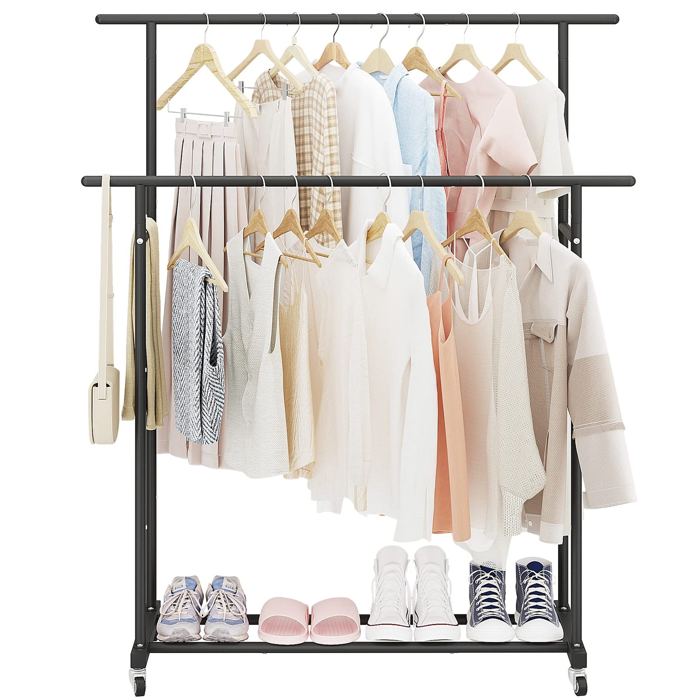 Calmootey Double Rod Clothing Garment Rack,Rolling Hanging Clothes Rack,Portable Clothes Organizer for Bedroom,Living Room,Clothing Store,Black