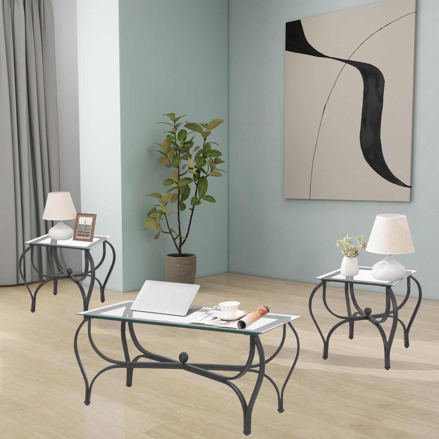 FILINGSKY 3-Piece Coffee Table Set, Tempered Glass Surface Living Room Sets, Coffee Table & 2 End Side Table, Metal Frame for Living Room, Home Office (Glass)