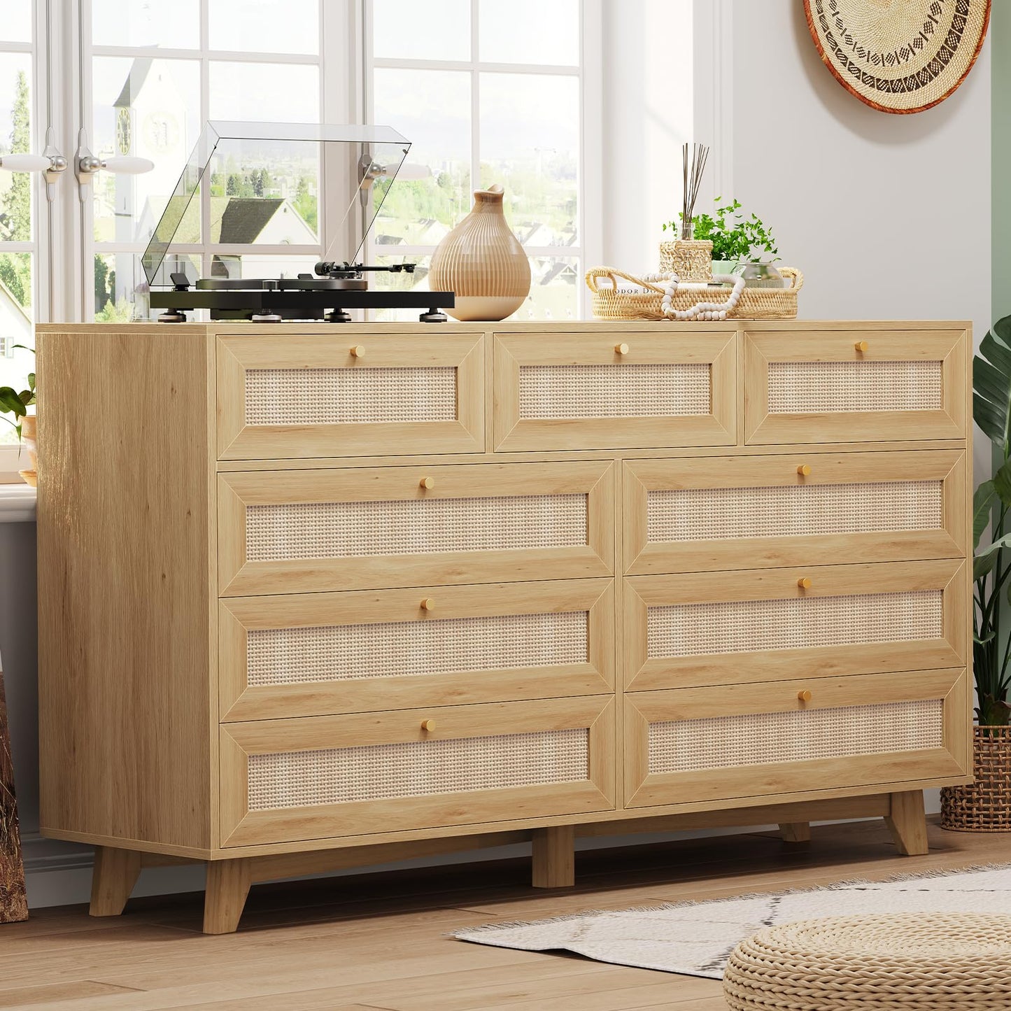 AOGLLATI Rattan Dresser for Bedroom with 9 Drawer, Modern Wooden Long Bedroom Dresser, Chest of Drawers with Metal Handle & Solid Wood Legs for Bedroom/Living Room, Wood