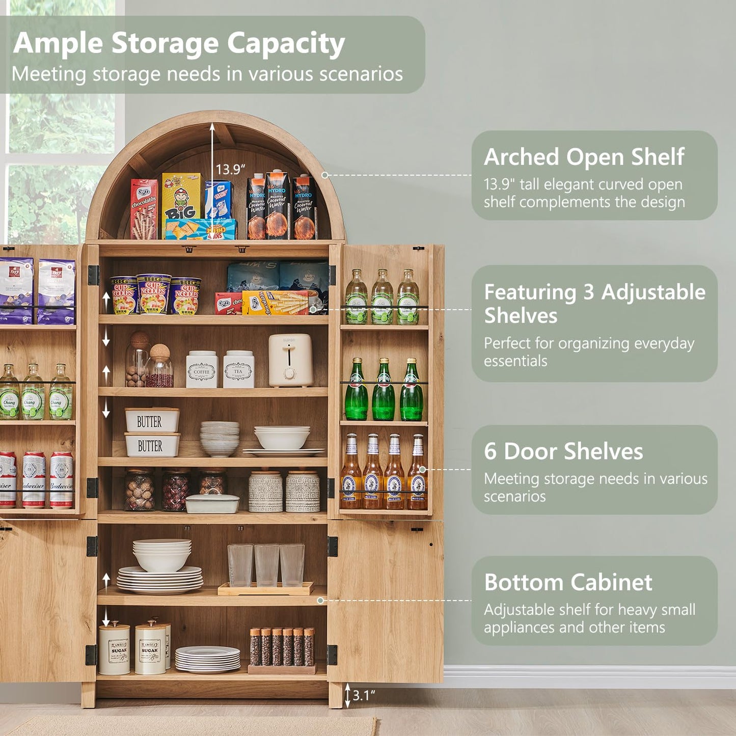 IFBUY 71" Tall Arched Bathroom Storage Cabinet, Modern Fluted Storage Cabinet w/Doors, 3 Adjustable Shelves, 6 Door Shelves, Wood Freestanding Cabinet for Bathroom, Entryway, Hallway, Natrual