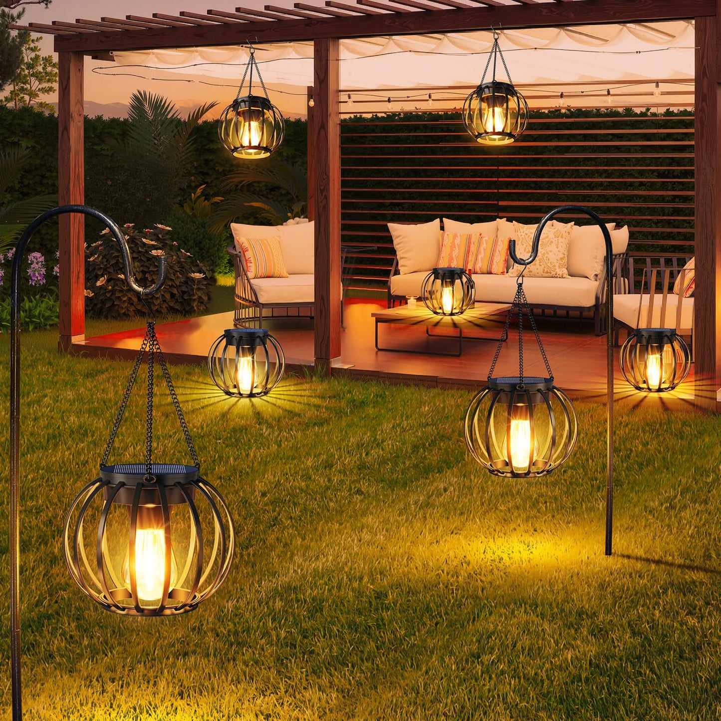 AOUNQ Solar Lanterns Outdoor Waterproof 4 Pack, Upgraded Metal Hanging Solar Lights for Outside with Auto On/Off & Hook - Brighter Hanging Outdoor Lanterns Decorative Lighting for Garden Patio Yard