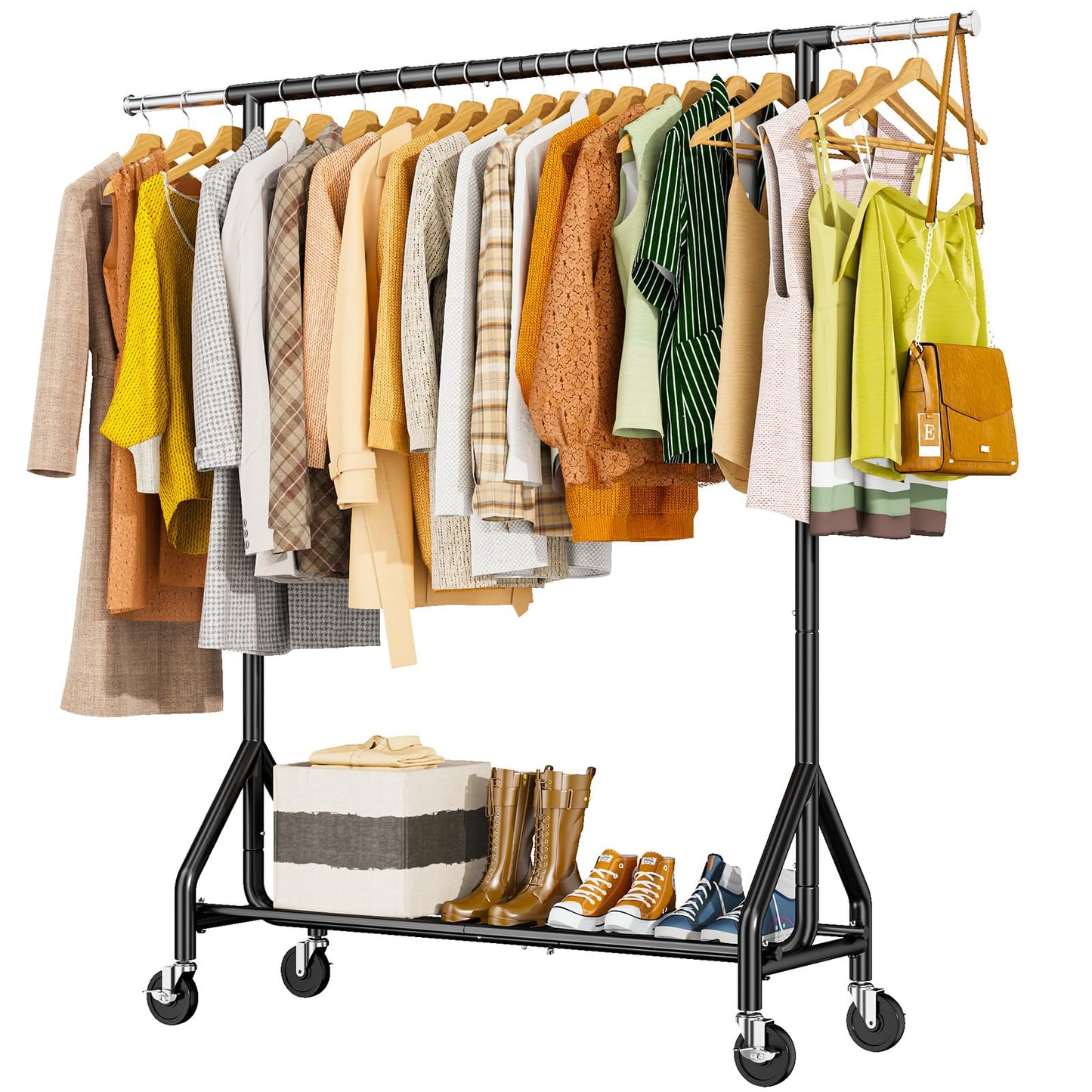 HYSEYY Heavy Duty Clothes Rack Load 450 LBS, Metal Garment Rack, Standing Rolling Clothing Rack for Hanging Clothes with Sturdy Wheels & Shelves, Portable Closet Wardrobe Rack,Black