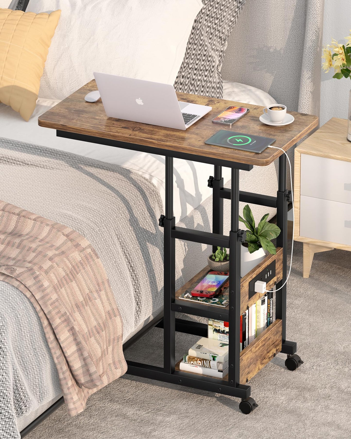 C Shaped End Table Height Adjustable - Couch Side Table with Charging Station, TV Tray with Wheels Slide Under Sofa for Small Spaces, Living Room Bedroom, Rustic Brown