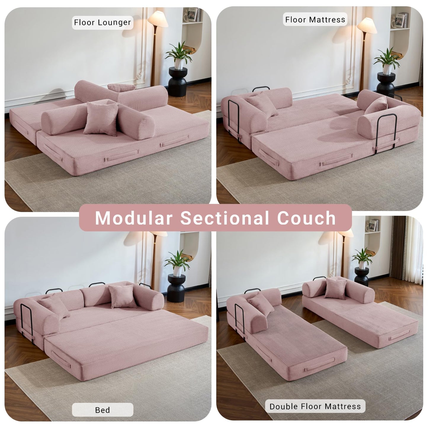 NNQ Compressed Sofa - Convertible Sofa Bed, Corduroy Compression Boneless Couch in a Box, Comfy Modular Foldable Floor Sleeper Sofa for Bedroom, Living Room (Corduroy Fabric, Pink)