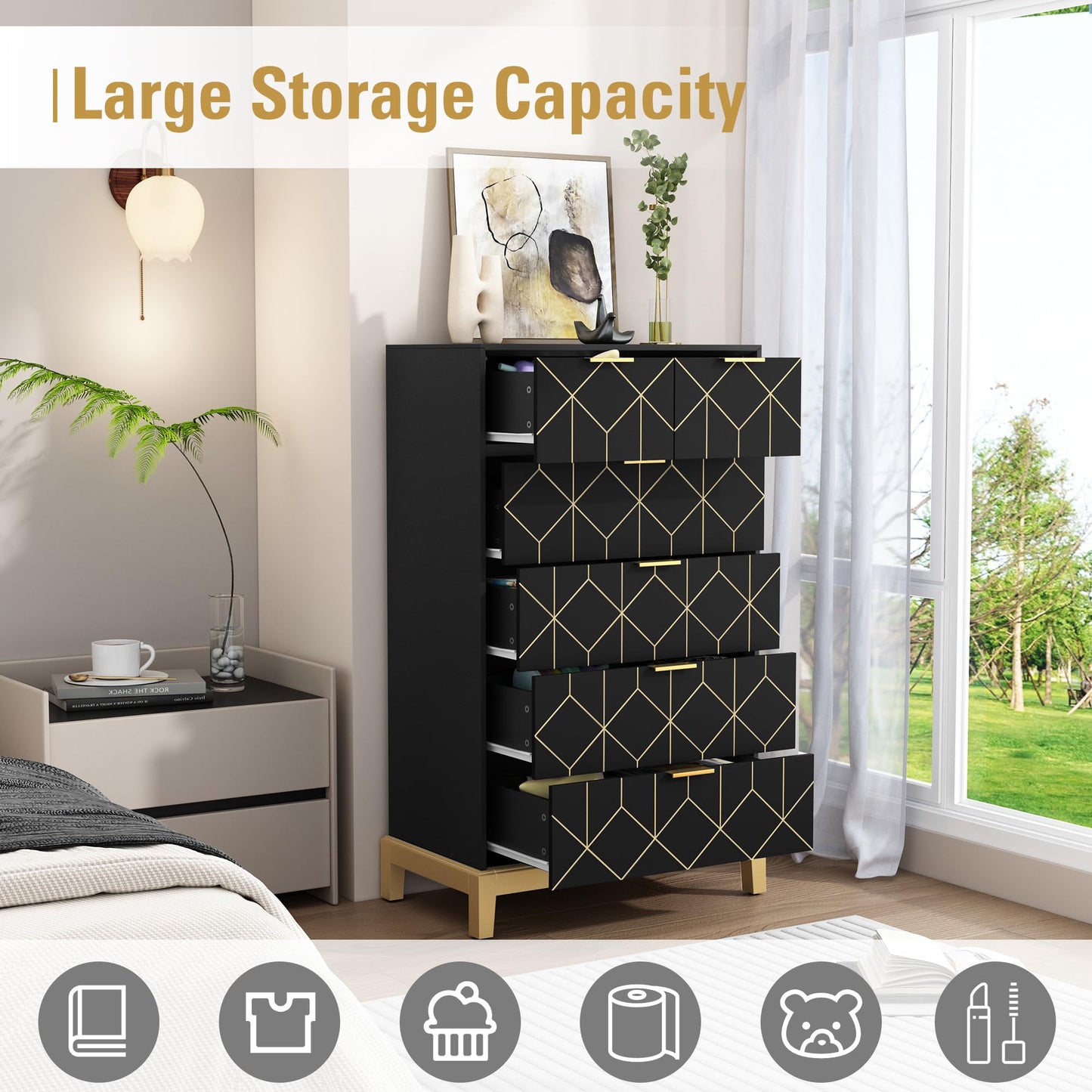 HLR 6 Drawer Dresser for Bedroom,Modern Wood Chest of Drawers with Gold Trim, Tall Dresser Storage Tower, Large Capacity Organizer Unit for Closet, Living Room, Hallway, Entryway，Black