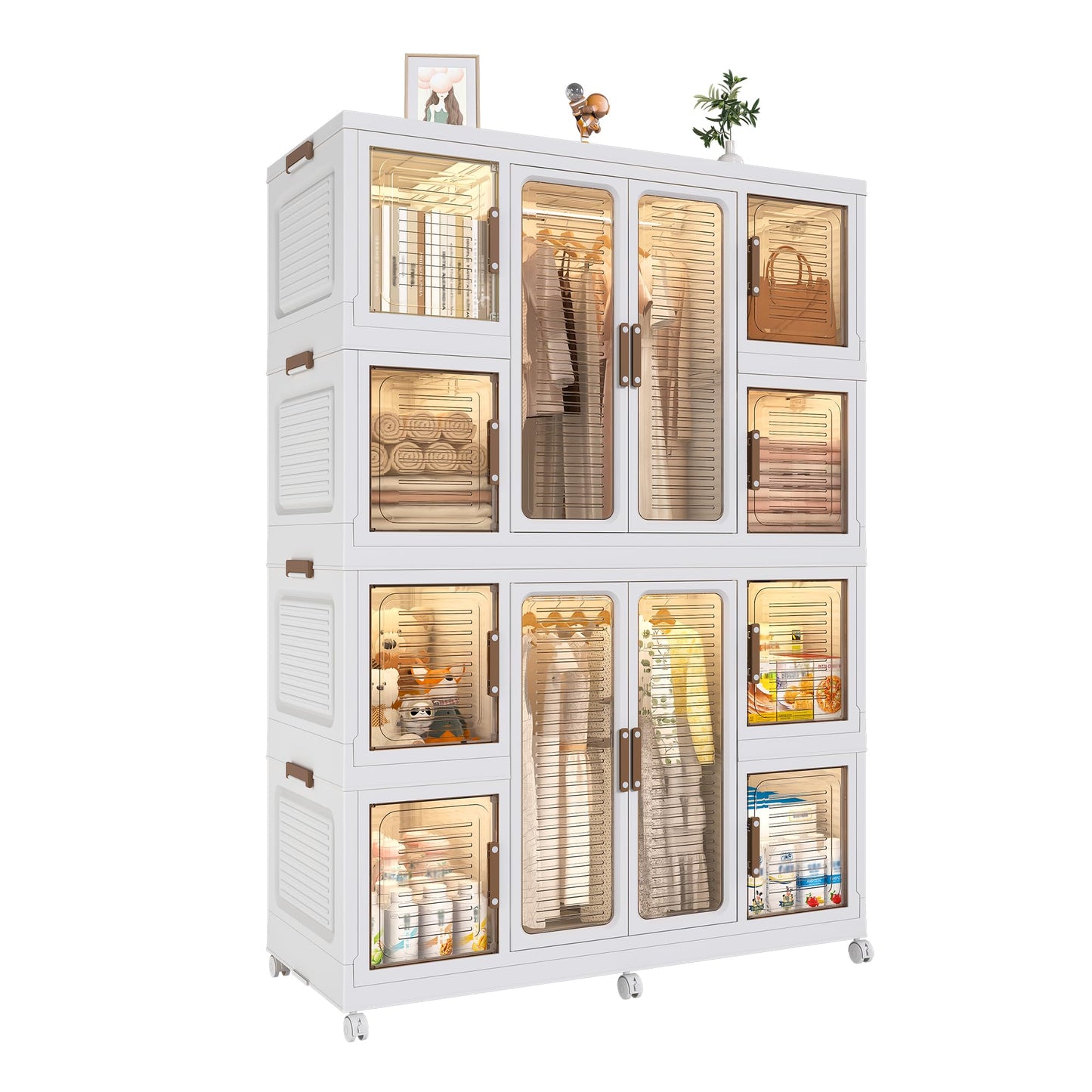 Montary Portable Kids Closet, Children's Wardrobe Closet with Transparent Doors, Plastic Baby Wardrobe Storage Cabinet with 12 Cubes, 2 Hanging Rod & 16 Hangers, Suitable for Living Room, Bedroom