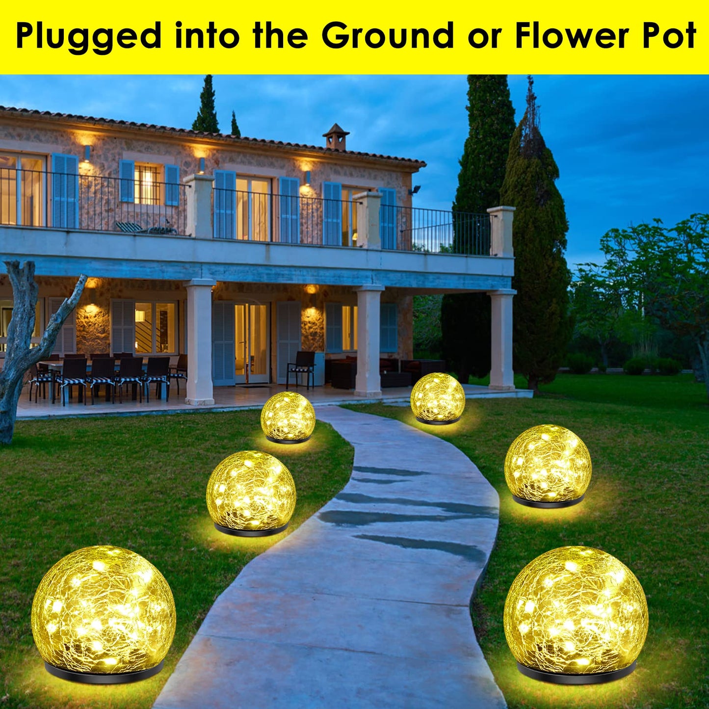 Keevvon 2 Pack 60 LED Solar Garden Lights Outdoor Decoration, Cracked Glass Solar Globe Lights, Upgraded Waterproof Warm White Ball Lights for Yard Pathway Patio Halloween Christmas Outside Decor