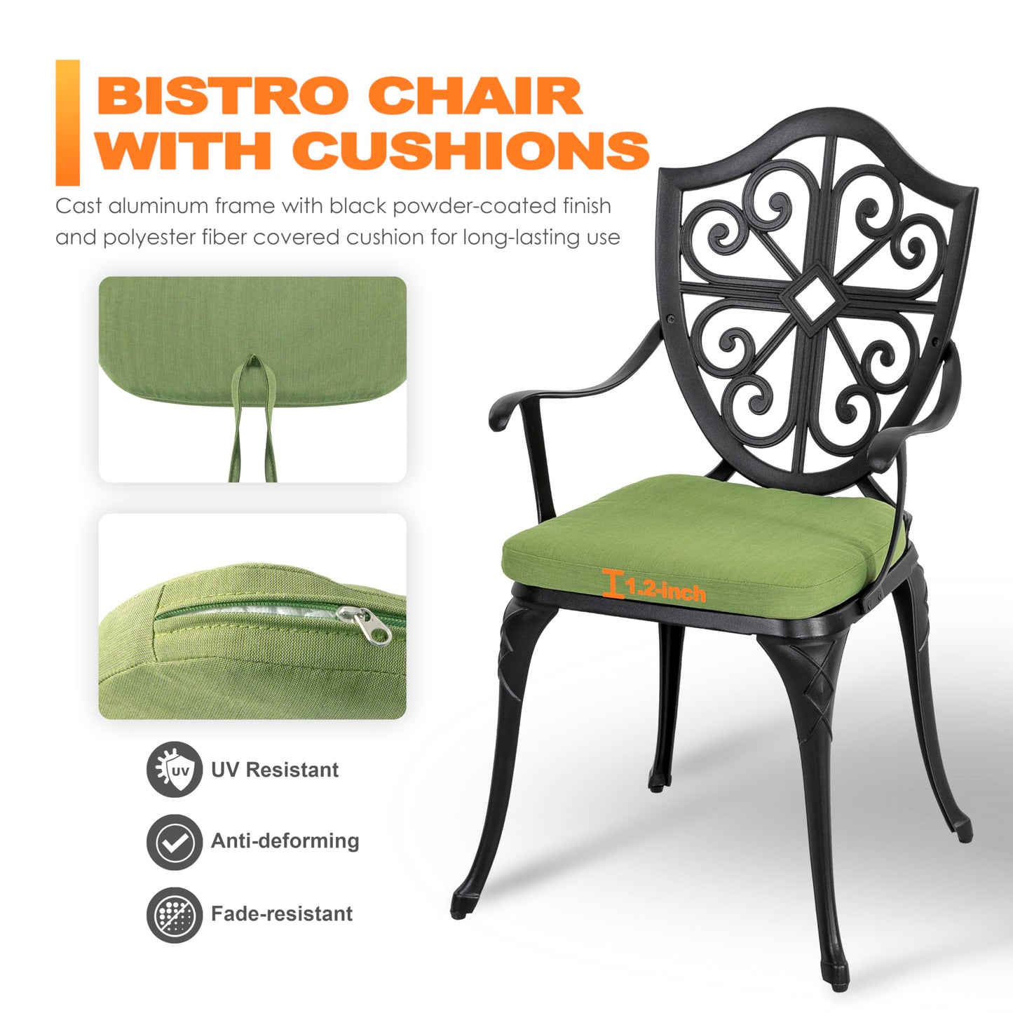NUU GARDEN Outdoor 3-Piece Bistro Set with Cushions, Round 24 Inch Cast Aluminum Bistro Table with 2.17" Umbrella Hole, 2 Cast Aluminum Bistro Chairs, for Patio, Garden, Backyard and Balcony, Black
